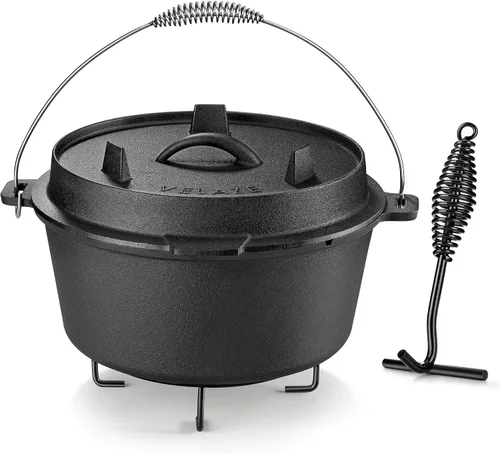 Vista 8 de Velaze Olla Holandesa de Hierro Fundido con Tapa de Sartén, Sartén de Hierro Fundido de Doble Mango 2 en 1 Presazonada para Hornear Pan, Freír
