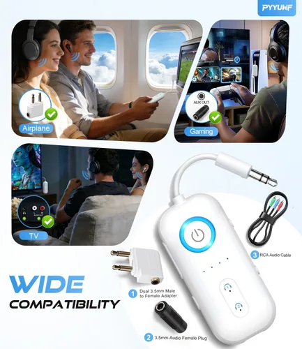 Vista 6 de Bluetooth 5.4 Transmitter Receiver, Wireless Audio Adapter, Airplane Gadgets & Travel Essentials – for 2 Headphones, 20H Battery, aptX Low Latency