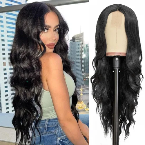 Vista 42 de NAYOO Peluca larga ondulada rubia ombré para mujer, de 26 pulgadas, parte media, rizada, ondulada, de aspecto natural, fibra sintética resistente al