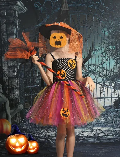 Vista 4 de Conjunto de disfraz de Halloween para niñas y niñas, disfraz de bruja para fiesta de disfraces