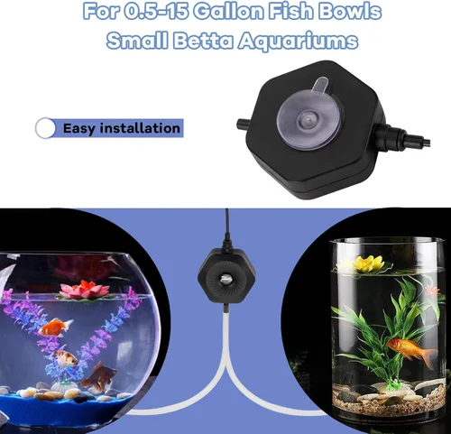 Vista 4 de hygger Mini bomba de aire silenciosa para acuario pequeña Betta Fish Tank Bubbler Bomba de aireación de oxígeno con tubo de piedra de aire ventosa