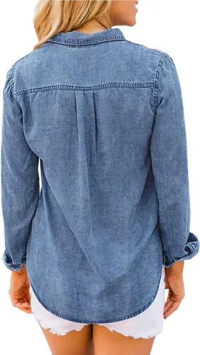 Vista 2 de luvamia Camisa vaquera de chambray para mujer, camisas occidentales de manga larga con botones