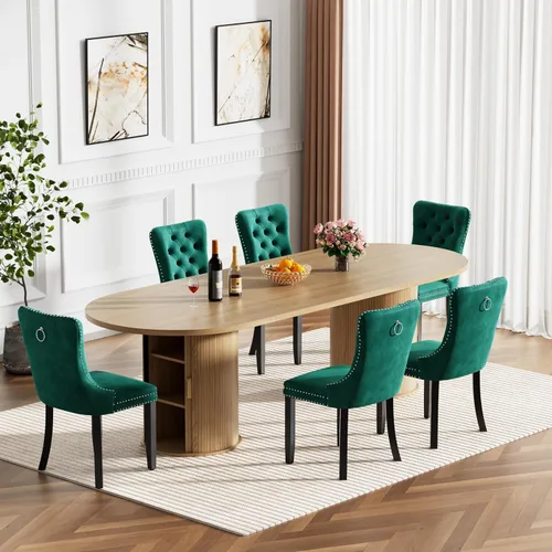Vista 34 de Mesa de comedor redonda extensible de 94 pulgadas con base de almacenamiento, mesa de comedor expandible natural para 10, mesa de comedor de madera