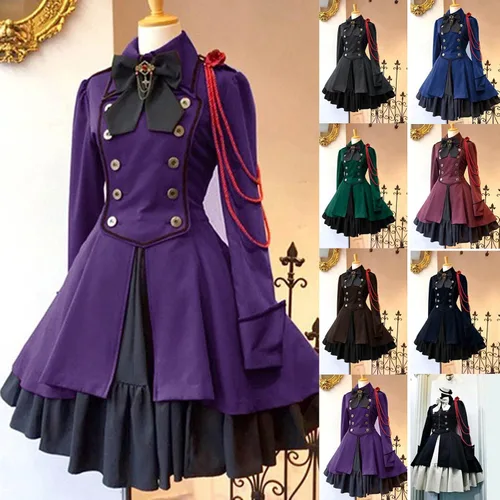 Vista 5 de Feancey Vestidos góticos retro para mujer, lindo vestido de lolita dulce con lazo y volantes, vestido de Halloween, vestidos de fiesta punk