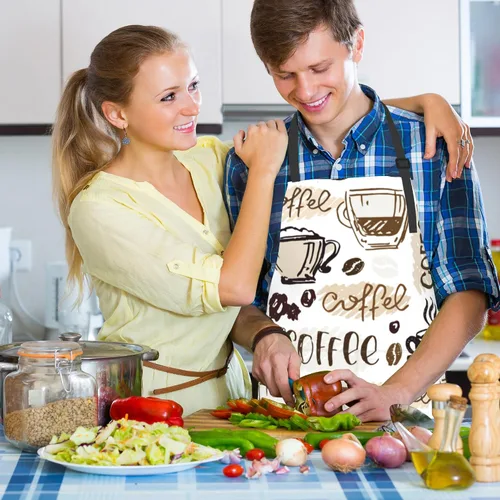 Vista 6 de Delantal, delantal con cuello ajustable para mujer, adecuado para el hogar, cocina, delantal de cocina Café Doodle