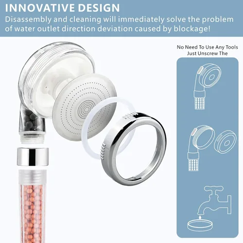 Vista 4 de Cabezal de ducha de mano con filtro - Cabezal de ducha de alta presión con 3 ajustes de pulverización, filtro para agua dura - Para piel y cabello