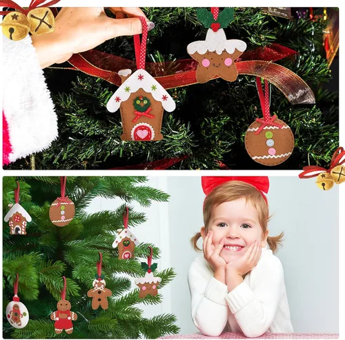 Vista 6 de Skylety Juego de 8 adornos grandes de fieltro 3D de jengibre para árbol de Navidad, decoraciones de árbol de fieltro de Navidad, bastón de caramelo