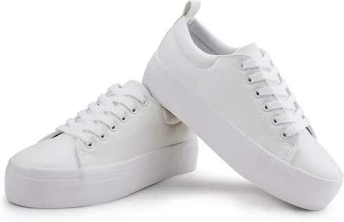 Vista 6 de JABASIC Zapatillas de plataforma con cordones para mujer, zapatillas casuales cómodas de moda para caminar Todo blanco