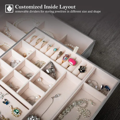 Vista 4 de ProCase - Joyero grande de cuero con dos niveles para organizar aretes pulseras anillos relojes para mujeres niñas regalo ideal para novia o esposa