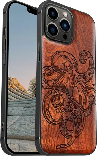 Vista 14 de Carveit Funda magnética de madera para iPhone 13 Mini [madera natural y TPU suave negro] funda protectora de madera única y elegante a prueba