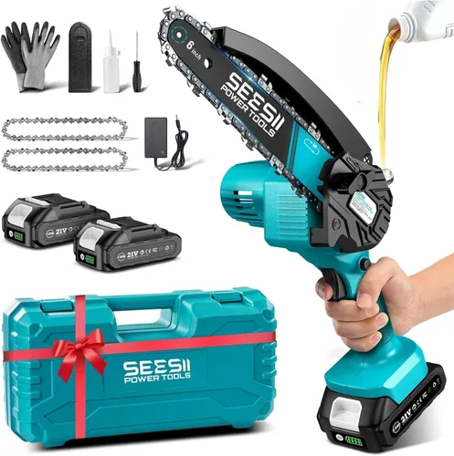Vista 12 de SEESII Sierras de poste eléctricas 2 en 1 para recortar árboles, mini motosierra inalámbrica de 6 pulgadas con poste de extensión, sierra de cadena