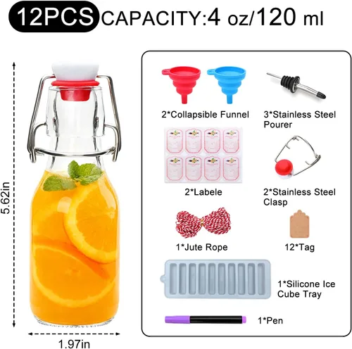 Vista 2 de Paquete de 12 botellas de vidrio con tapa abatible de 4 onzas con tapas herméticas, botellas de vidrio con tapa abatible para elaboración casera