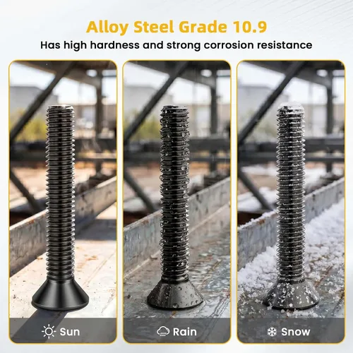 Vista 4 de 3/8-16 x 1 Tornillos de cabeza plana con tuerca de cabeza avellanada, pernos con cabeza avellanada, acero de aleación grado 10.9, rosca completa