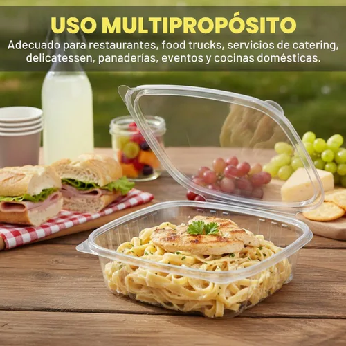 Vista 4 de Contenedores de delicatessen con tapas con bisagras, plástico PET, transparente, 24 onzas, 50 unidades, concha, rectangular, almacenamiento