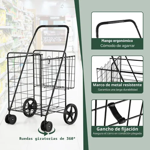 Vista 4 de Goplus Carrito de compras plegable jumbo con ruedas giratorias, carrito de compras plegable sobre ruedas con doble cesta, carrito de utilidad