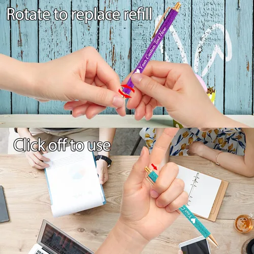 Vista 5 de Bolígrafos con purpurina personalizados con nombre, bolígrafos bonitos y bonitos personalizados, bolígrafos retráctiles de tinta negra, suministros