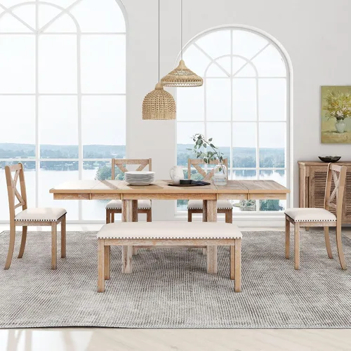 Vista 15 de RuiSiSi 6 Piece Solid Wood Dining Table Set, Farmhouse Extendable Kitchen Table with a Bench and 4 Padded Chairs, 4-6 Dining Table Set with Bench