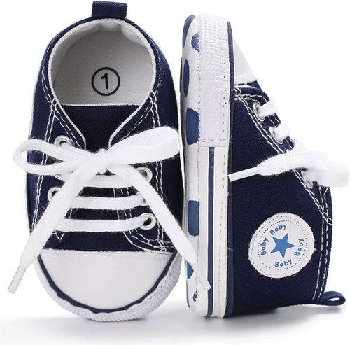 Vista 4 de KIDSUN - Zapatos deportivos unisex de caña alta para bebés, mezclilla de lona, suela antideslizante, suaves, para los primeros pasos