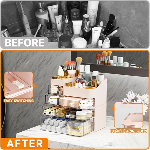 Vista 3 de SuoXing Organizador de maquillaje para tocador, organizador de maquillaje grande con 6 cajones para mostrador, organizador de almacenamiento de Rosa