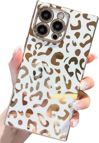Vista 17 de Elegante Compatible con iPhone 12 Funda de Borde Rectangular, Lindo Patrón de Leopardo de Lujo Funda con Plateado Protector de Cámara TPU Suave A