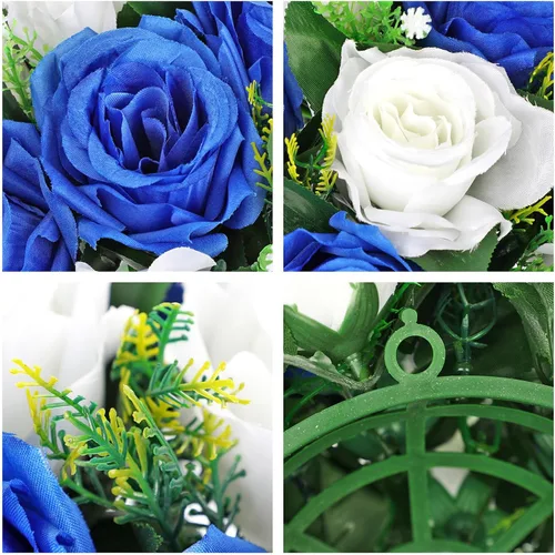 Vista 3 de Briful Bolas de flores artificiales para centros de mesa, 2 piezas de 8.6 pulgadas, arreglo floral de rosas de seda con base de plástico, ramo Azul