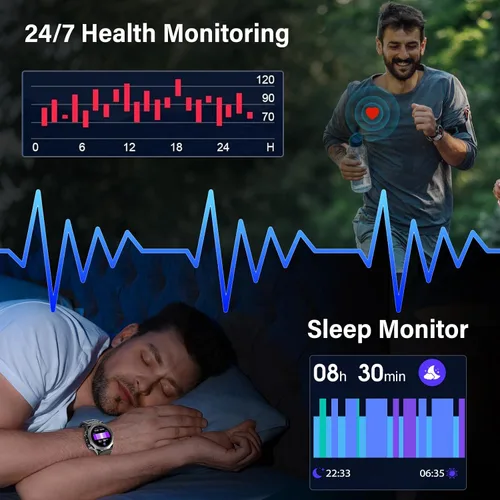 Vista 5 de Relojes inteligentes militares para hombres (respuestahacer llamadas), reloj de fitness HD de 1.39 pulgadas, monitor de sueño de frecuencia cardíaca