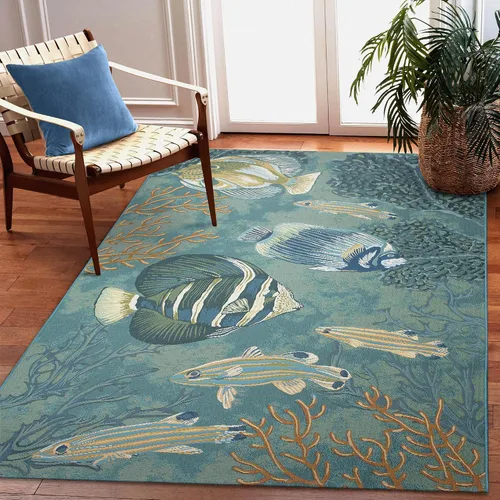 Vista 52 de Liora Manne Marina - Alfombra de área duradera de mezcla sintética tejida a máquina para interiores/exteriores - Gráfico contemporáneo océano global