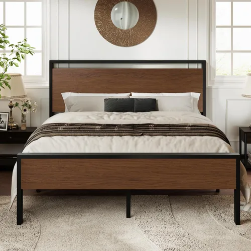 Vista 9 de Base de cama Allewie de tamaño individual con cabecero y pie de cama de madera, soporte de listones de metal resistentes, no requiere somier