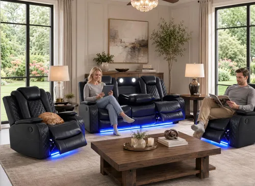 Vista 7 de Pon Living Luxurious Leather Reclining Sofa Set with LED for Living Room