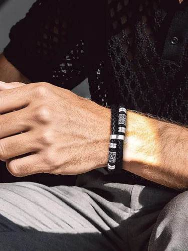 Vista 5 de Bandmax Pulseras de Puño de Cuerda de Cera Doble Negra para Hombres Impermeables de Acero Inoxidable Estilo Nórdico Nudo Celta Cuentas Pulsera