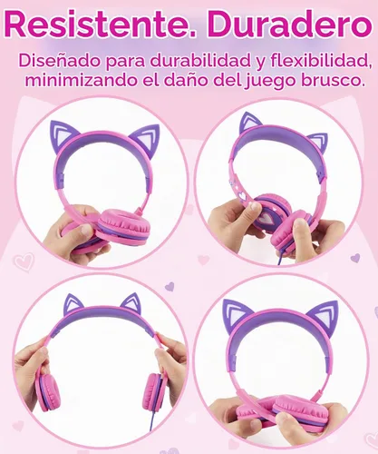 Vista 3 de FosPower Audífonos para niños con orejas de gato LED (límite de volumen seguro de 85dB), audífonos con cable suave de 3.5mm con orejeras y cables