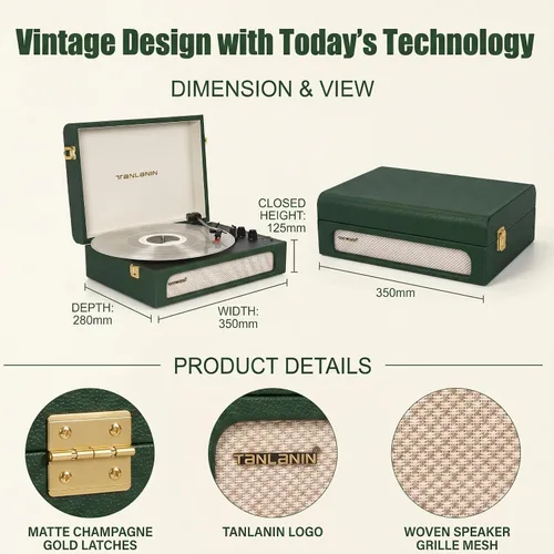 Vista 2 de Vinyl Record Player with Speakers Bass & Treble Control Turntable Green