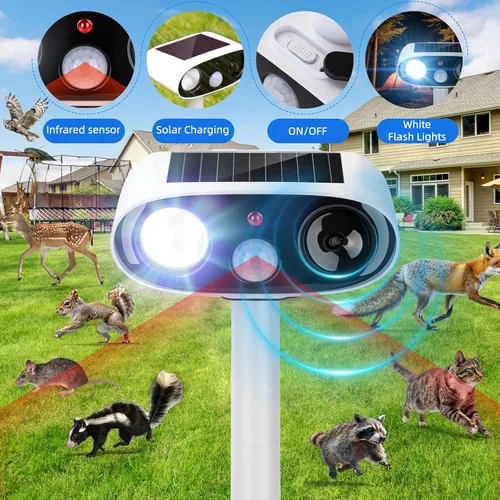Vista 3 de Repelente solar ultrasónico de animales para exteriores, dispositivos repelentes de ciervos y gatos, paquete de 2 unidades, repelente ultrasónico