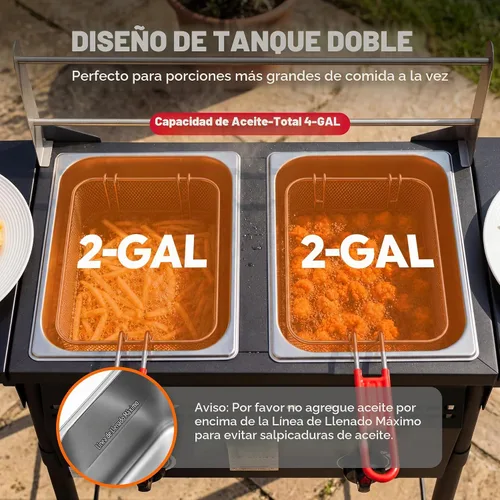 Vista 4 de Freidora profunda al aire libre de propano Feasto, tanque doble con quemadores independientes dobles de hierro fundido y termómetros, olla