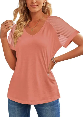 Vista 4 de WEESO - Camisetas informales con cuello en V para mujer, diseño elegante de manga corta con malla