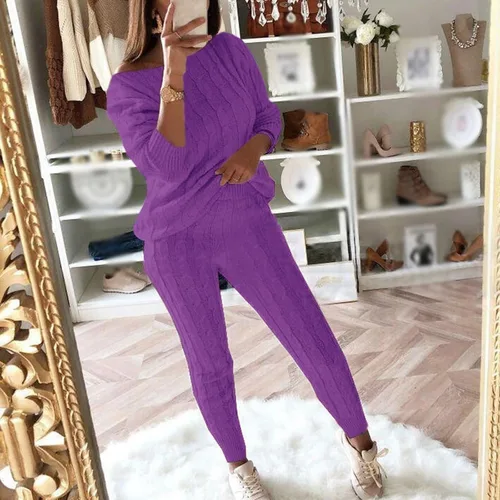 Vista 5 de Hugncmy Conjunto de pantalones de suéter de cuello redondo de color sólido para mujer