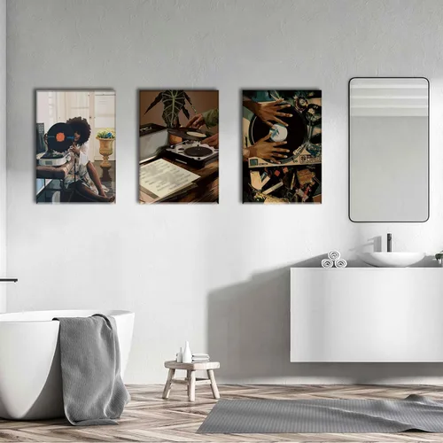 Vista 5 de AOYUSMO 3 piezas de arte de pared de niña negra afroamericana, decoración de pared para mujer negra, arte de música, cuadros de DJ, pinturas