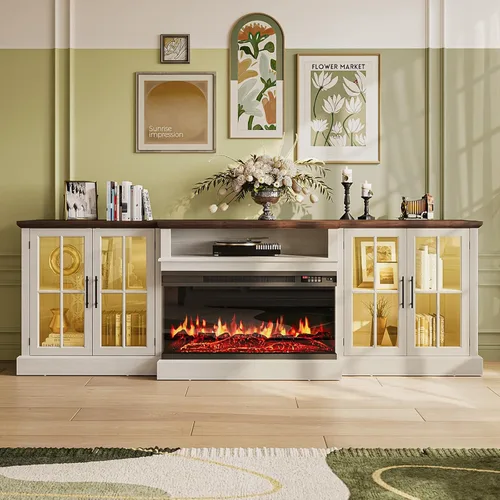 Vista 8 de Mueble de TV de estilo granja de 98" con chimenea de 36" para televisores de hasta 100", centro de entretenimiento multimedia con estantes 2-Blanco