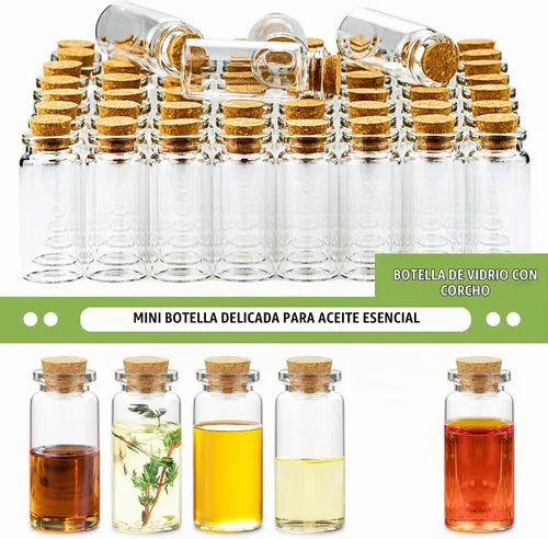 Vista 4 de WFPLUS 60 botellas de vidrio pequeñas de 0.3 fl oz con tapón de corcho, mini frascos de vidrio para bricolaje, pequeños frascos transparentes