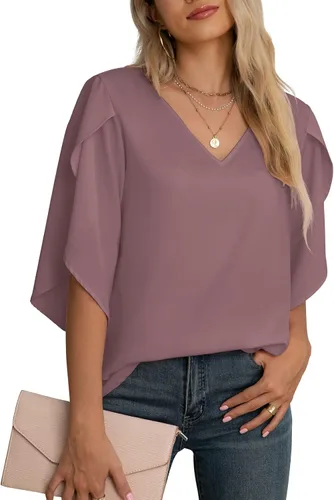 Vista 7 de Blusas de gasa con mangas 3/4 arrugadas de otoño para mujer de Jouica 01amy Verde