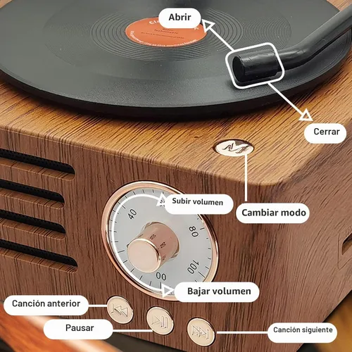 Vista 3 de Altavoz de tocadiscos vintage, tocadiscos portátil de grano de madera, altavoz Bluetooth con bocina de cobre, función de radio FM, diseño compacto