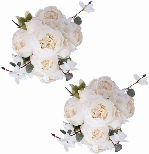 Vista 7 de Fule Paquete de 2 ramos de flores artificiales de seda de peonía grande, arreglo de centros de mesa de boda (marrón camafeo)
