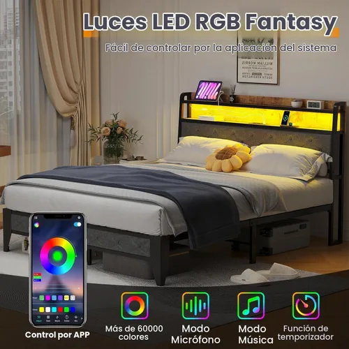 Vista 3 de Winkalon Marco de cama LED completo con cabecero, base de cama con estación de carga, marco de cama de plataforma de metal, tamaño matrimonial,