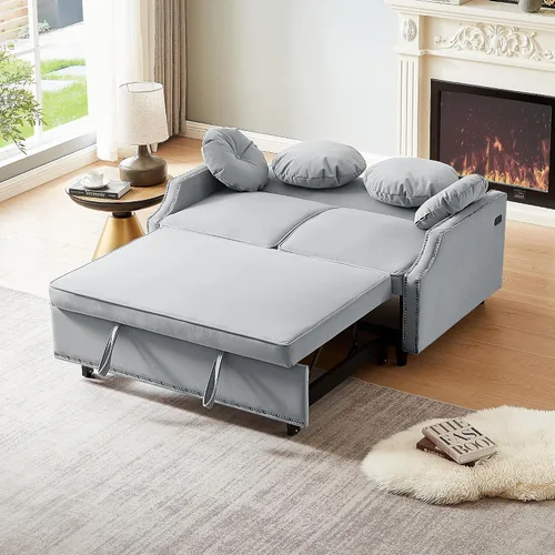 Vista 13 de Elegante sofá cama convertible de 54.7 pulgadas, sofá modular con cama extraíble con dos puertos USB y 4 almohadas, sofá biplaza para espacio
