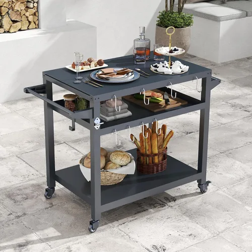 Vista 10 de Domi - Mesa de parrilla para exteriores de 3 estantes, carrito de parrilla con ruedas, horno de pizza al aire libre y mesa de preparación