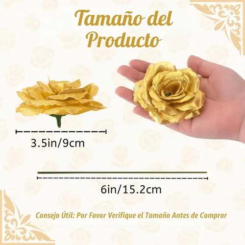 Vista 2 de Youeon 100 cabezas de rosas artificiales doradas de 3.5 pulgadas con tallos, cabezas de flores sintéticas de rosa de seda a granel para ramos