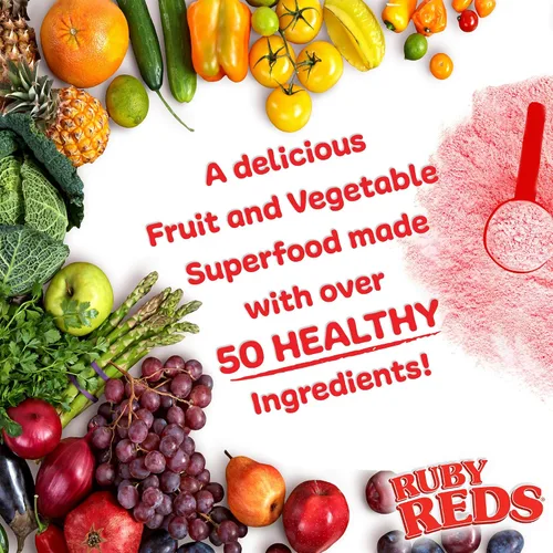 Vista 2 de Ruby Reds Deliciosos rojos en polvo de frutas y verduras suplemento con potentes vitaminas, minerales, enzimas, hierbas, nutrientes y probióticos