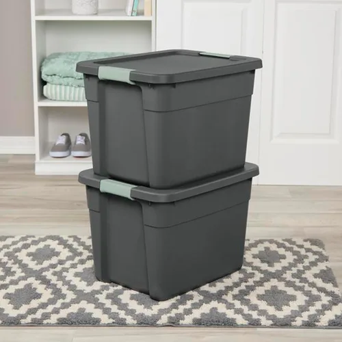 Vista 7 de Sterilite - Paquete de 6 contenedores de almacenamiento de plástico apilables con tapas y pestillo, 12 galones, gris/verde - Cajas con cierre