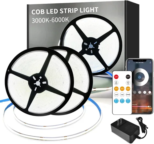 Vista 13 de Tira de luces LED COB de 32.8 pies, 3000 K, blanco cálido, regulable, CC de 24 V, cinta LED flexible para dormitorio, con control remoto