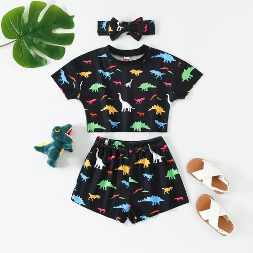 Vista 2 de AMAWMW Ropa de verano para niña pequeña, manga corta, floral, lunares, camiseta, pantalones cortos, diadema, 3 piezas, traje de bebé niña